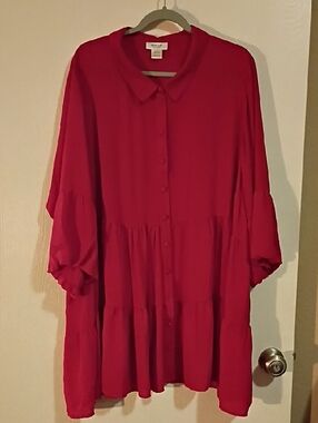 Avenue Red Tiered Button-Front Long Sleeve Top